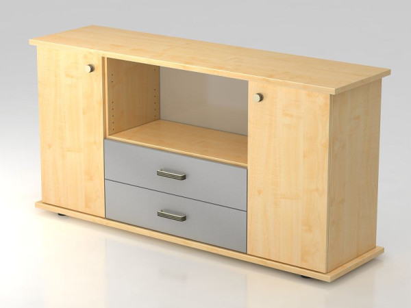 Buffet Hammerbacher 2 portes, 2 tiroirs, poignée rayée érable/érable, 166,1x44,8x84 cm (LxPxH), VSBTS/3/3/SG