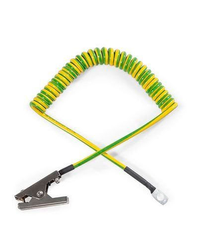 Câble de mise à la terre spiralé DENIOS mini avec 1 pince 60 mm et 1 œillet, rallonge 3 m, ATEX, 221-520