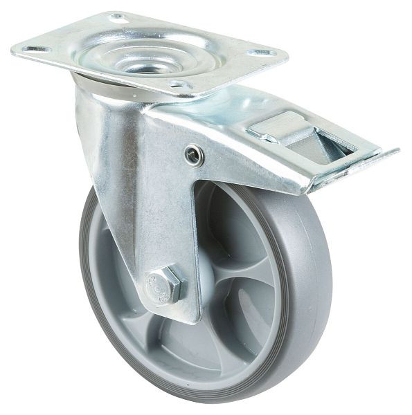 Rouleau de transport BS rollers avec frein, largeur 32 mm, Ø125 mm, jusqu'à 120 kg, plastique, roulement à rouleaux, plaque, lot de 2, L420.B44.126