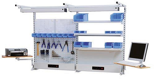 Structure multi-parois Bedrunka+Hirth largeur 2000 avec cadre supérieur, 2x canal d'énergie, 2x paroi magnétique, 2x paroi perforée, 3x étagère 2000 x 750 x 1250 mm, 03.900.20.16