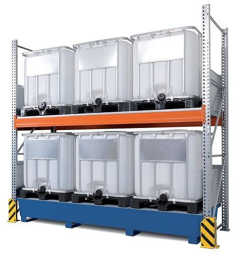 Rayonnage combiné DENIOS 3 K6-I avec bac de récupération revêtu, pour 6 IBC de 1000 litres chacun, champ de base, 199-729