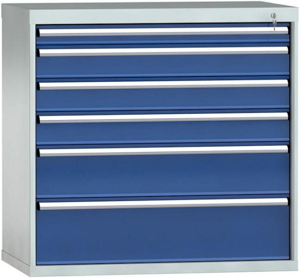 Armoire à tiroirs KLW H 1000 mm L 1031 mm P 605 mm, dimensions d'installation : 900 mm, division : 54x27 éléments, avec serrure centrale et 6 tiroirs, SJA1000-06NP-001