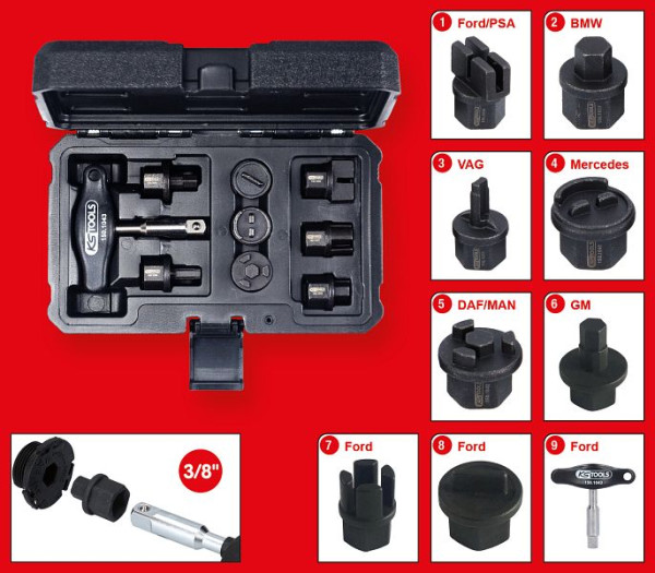 KS Tools Jeu de profils spéciaux pour service d'huile 3/8" pour bouchons de vidange d'huile en plastique, 9 pièces, 150.1040