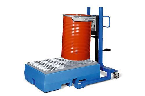 Lève-fûts DENIOS Servo FL 12-K en acier, châssis large, pour fûts en acier de 200 litres, 115-215