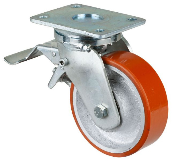 Roulettes BS Roulette robuste avec roue/blocage, largeur 50 mm, Ø150 mm, jusqu'à 800 kg, polyuréthane coulé 95 Shore A, corps coulé, roulements à billes, RR120.C10.150