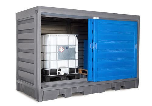 Dépôt de substances dangereuses DENIOS PolySafe 2C, avec portes coulissantes, pour 8 x 200 l ou 2 IBC de 1000 l chacun, 227-285