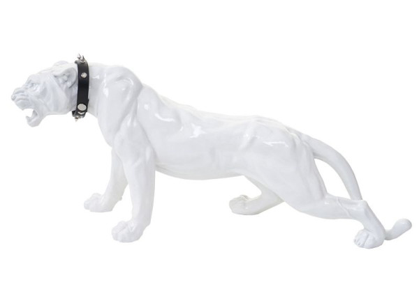 Mendler Déco figure léopard 59cm, panthère sculpture en polyrésine, intérieur/extérieur, blanc brillant avec collier, 57116
