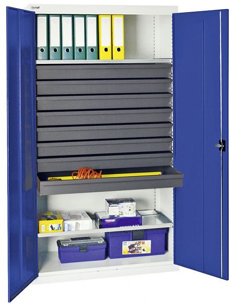 armoire à outils et matériaux émoussés série 3000, 7035/5010, 8 tiroirs 100 mm, 2 étagères à plateaux partout, 3008174