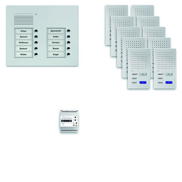 Système de commande de porte audio TCS : pack UP pour 10 unités résidentielles, poste extérieur PUK 10 boutons de sonnerie 2 colonnes, 10x haut-parleur mains libres ISW3030, commande, PPUF10 / 2-EN / 02