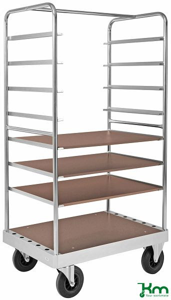 Chariot Kongamek multi-étagères, 2 roulettes fixes et 2 pivotantes en caoutchouc plein avec freins, 1200 x 800 x 1900 mm, 4 étagères, KM138-3B