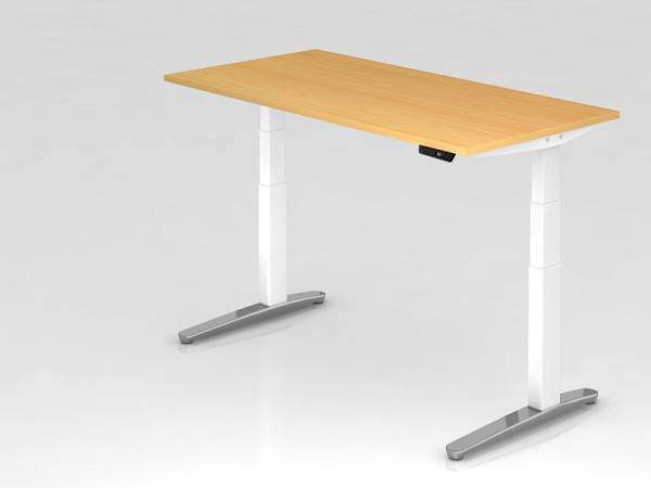 Bureau assis-debout électrique Hammerbacher 160x80cm hêtre/blanc, poli, forme rectangulaire, VXBHM16/6/WC