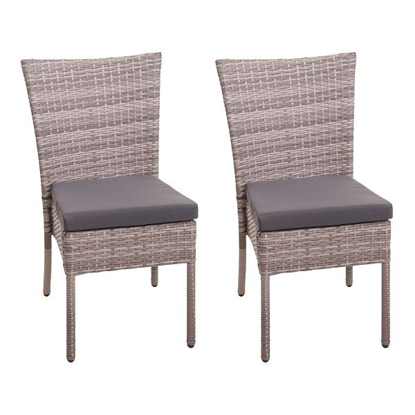 Ensemble de 2 chaises en rotin synthétique Mendler HWC-G19, chaise de balcon, chaise de jardin, empilable, gris-marron, coussins gris foncé, 76331