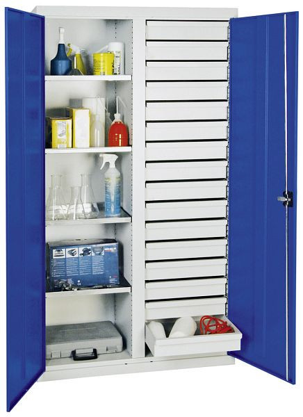 armoire à outils et matériaux contondants série 2000, 7035/5010, 4 étagères, cloison centrale, 16 tiroirs, 2004174