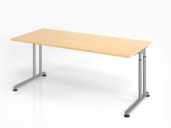 Bureau Hammerbacher ZS19, 180 x 80 cm, plateau : érable, épaisseur 25 mm, chant épais en ABS, forme rectangulaire, argent, VZS19/3/S