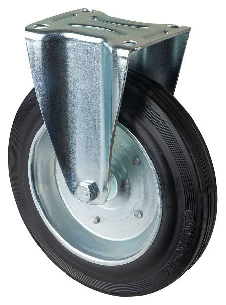 Rouleau de transport BS rollers, rouleau fixe, largeur de roue 50 mm, roue Ø 250 mm, capacité de charge 250 kg, caoutchouc noir, jante en acier, roulement à rouleaux, plaque, L410.B55.250