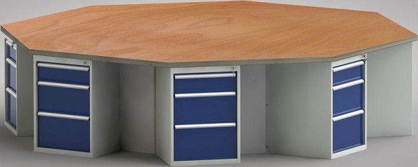 Etabli standard KLW de forme octogonale avec plateau multiplex en hêtre de forme octogonale 3259 x 3259 x 40 mm L x l x P, WS670N-1350M40-E8017