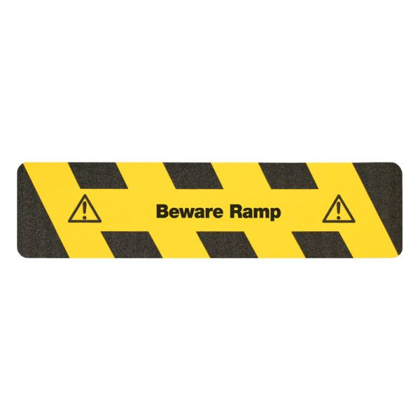 m2 surface antidérapante marquage d'avertissement noir/jaune avec texte "Beware Ramp" bandes 150x610mm, M14E150610