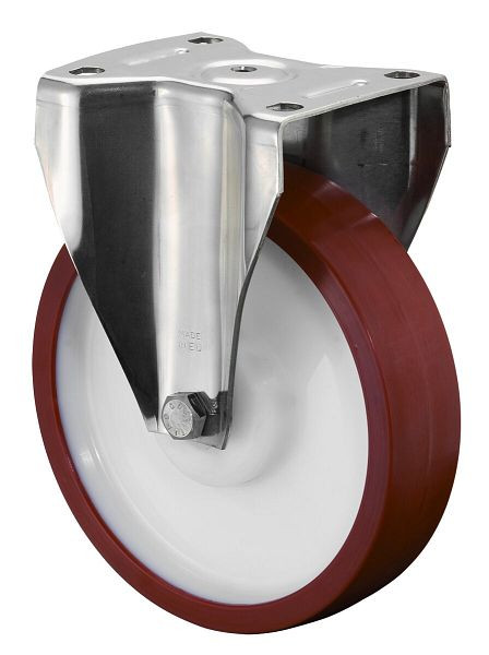 BS Rolls Roulette robuste en inox, roulette fixe, largeur 50 mm, Ø200 mm, jusqu'à 700 kg, polyuréthane rouge, corps en plastique, roulement à rouleaux en inox, HS110.B28.200