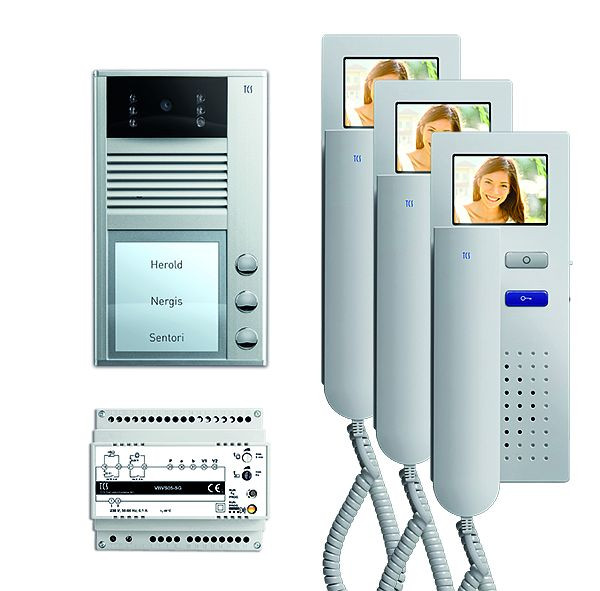 Vidéo commande de porte TCS : pack AP V2D pour 3 logements, avec platine de rue AVC 3 boutons de sonnerie, 3x visiophone IVH4222, fourniture, PVC2430-0010