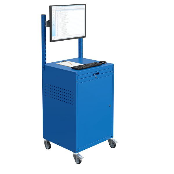 Meuble informatique SOFAME MODULINFO L695 x P 660 x H 1005 mm avec rail et support écran sur roulettes, bleu ciel RAL 5015, W040010032BIGC