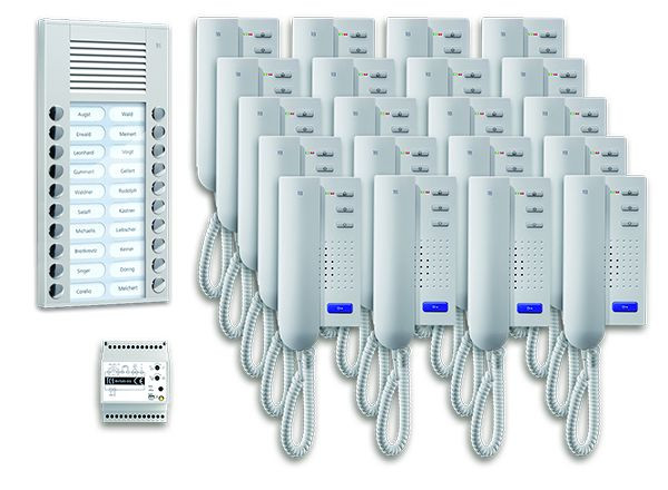 Système de contrôle de porte audio TCS : pack AP pour 20 unités résidentielles, avec poste extérieur PES 20 boutons de sonnerie, 20x interphones ISH3030, unité de contrôle BVS20, PPA20-EN / 02