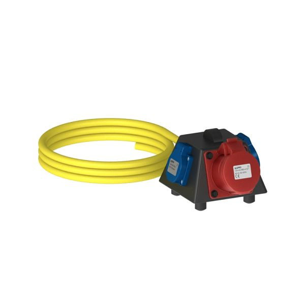 ELSPRO Vollgummi-Sicherheitsverteiler Baureihe CELLE, Zuleitung: 3 m CEE 400 V 16 A, Ausgang: 1x 400 V und 2 Schutzkontakt, 1001103