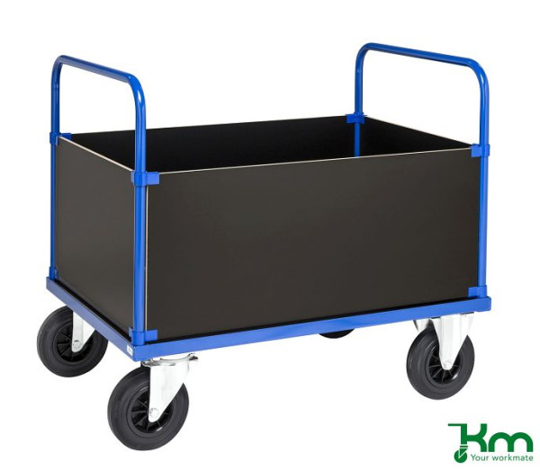 Chariot à bagages Kongamek, 2 roulettes fixes et 2 pivotantes en caoutchouc plein avec freins, 1000 x 700 x 900 mm, bords hauts, revêtement en poudre bleu, KM335-2HB