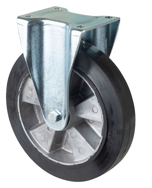 Roulette robuste BS Wheels, roulette fixe, largeur de roue 50 mm, Ø roue 250 mm, capacité de charge 550 kg, bandages élastiques noirs, aluminium, roulements à billes, L610.B80.250