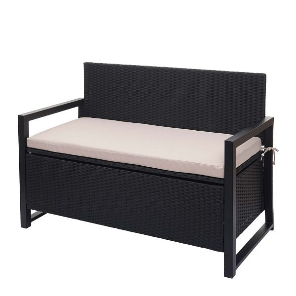 Banc 2 places en poly-rotin Mendler HWC-F39, banc de jardin, banc coffre, compartiment de rangement, coussin de siège, anthracite, coussin beige, 76086