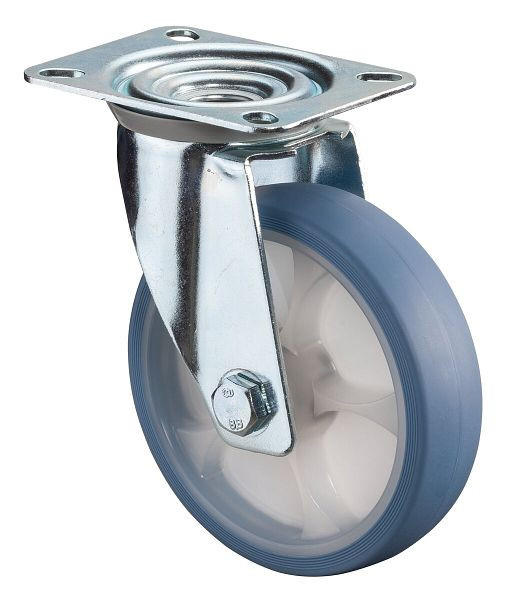 Roulette de transport pivotante BS Rollers, roue en caoutchouc thermoplastique, pneu bleu clair, roulement à rouleaux, plaque, diamètre : 125 mm, pack : 2 pièces, L400.B44.126.05