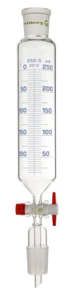 Entonnoir compte-gouttes Rettberg, 50 ml, manchon NS 29/32, cône NS 29/32, robinet PTFE 2,5 mm, gradué, avec tube d'équilibrage de pression, 134048217