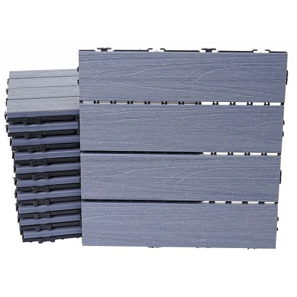 Carrelage de sol Mendler WPC HWC-E21, balcon/terrasse aspect bois, structure 3D à revêtement linéaire gris, 11x chaque 30x30cm = 1m², 65173