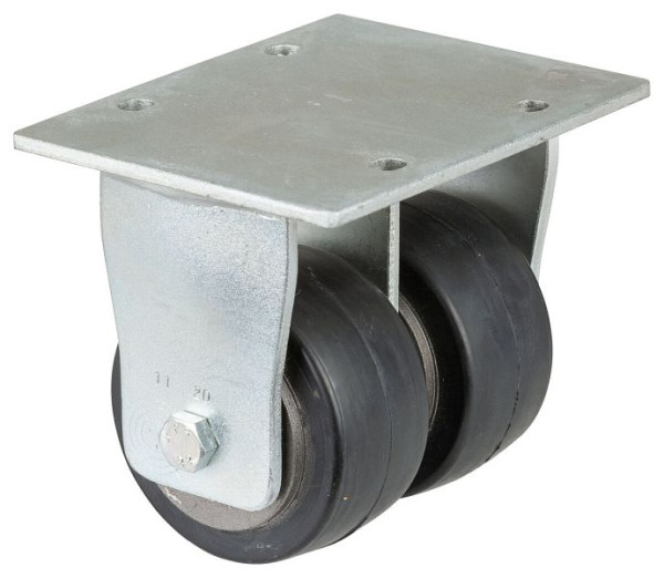 Roulette double robuste BS Wheels, roulette fixe, largeur de roue 2x50 mm, Ø roue 100 mm, capacité de charge 420 kg, bandages élastiques noirs, fonte, roulements à billes, S110.B81.100