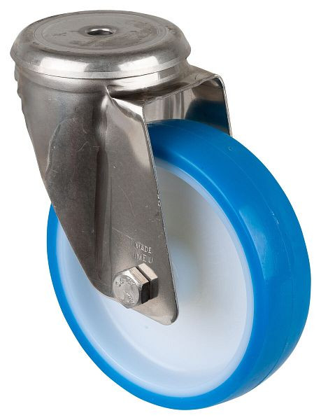 Rouleau de transport BS rollers inox, largeur 40 mm, Ø150 mm, jusqu'à 200 kg, bande de roulement polyuréthane bleu, corps de roue plastique, palier lisse, H101.B32.150