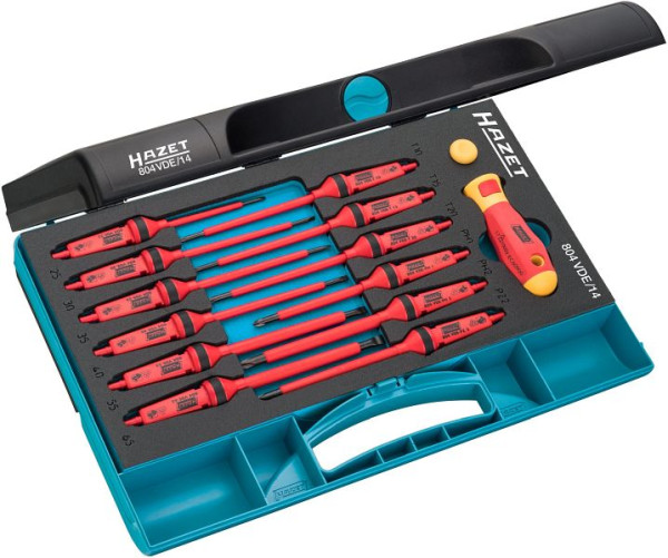 Jeu de tournevis Hazet, double isolation, profil Pozidriv PZ, profil Phillips PH, profil Allen, profil fendu, 804VDE/14