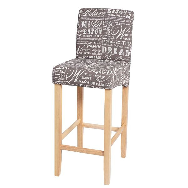 Tabouret de bar Mendler HWC-C33, tabouret de bar, bois, lettrage, gris, pieds légers, tissu/textile, 74534