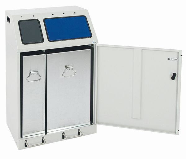 tri des déchets contondants Duplex – collecteur double avec levier à pédale, RAL 7035 / 7016, 5010, 635-075-1-2-400