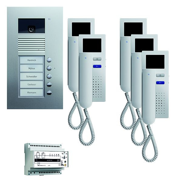 Vidéo de commande de porte TCS : pack UP pour 5 logements, avec platine de rue AVU 5 boutons de sonnerie, 5x visiophone IVH3222, commande, PVU1650-0010