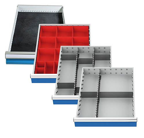 Assortiment de divisions Bedrunka+Hirth (4 pièces) pour tiroirs R 18-24, 1 x boîte pour petites pièces, 2 x divisions métalliques 450 x 600 mm, 500/584A