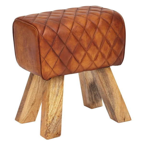 Tabouret Wohnling cuir véritable / bois massif 40x48x27 cm moderne, WL6.092