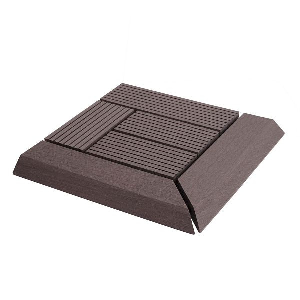 Mendler WPC carrelage de sol d'angle Rhône + finition, terrasse aspect bois, 30x30cm Premium, angle, décalage gris, 77625