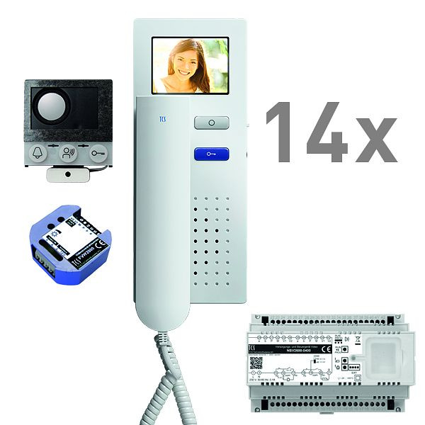 Boîte vocale encastrable vidéo TCS, 14 unités résidentielles, haut-parleur encastrable ASI12000 + 14x interphone IVH3222, appareil de commande + transmetteur vidéo bifilaire, PVIH140/001