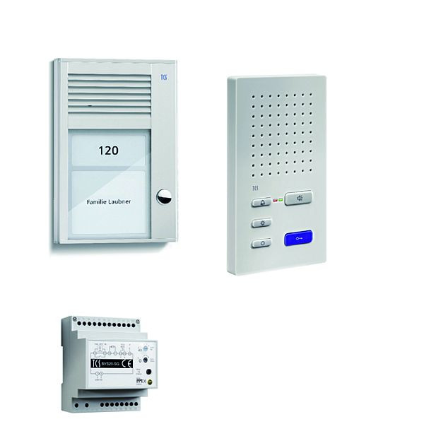 Système de commande de porte audio TCS : pack AP pour 1 unité résidentielle, avec poste extérieur PAK 1 bouton de sonnerie, 1x haut-parleur mains libres ISW3130, unité de contrôle BVS20, PSC2210-0000