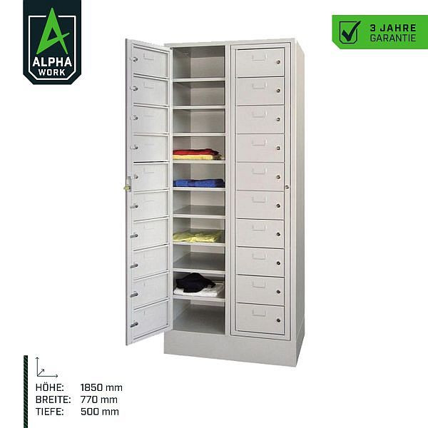 Armoire vestiaire Alpha Work, 770 x 1850 x 500 mm, 2 portes principales, corps : gris clair, façade : bleu gentiane, avec socle, 06052