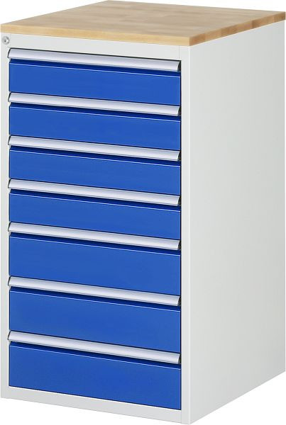 Armoire à tiroirs RAU série 7000, plan de travail en hêtre massif, 7 x taille de tiroir L 4xH120, 3xH150 mm, 580x1035x650 mm, 03-L7.10A-B.11