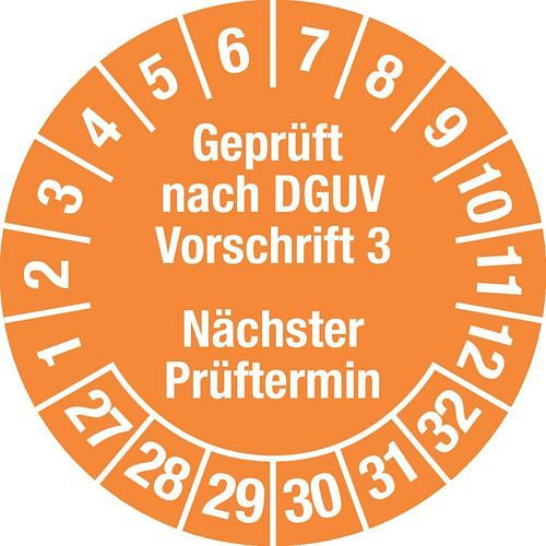 Autocollant de test DENIOS "Testé DGUV/Rendez-vous", 27 - 32, orange, film, SK, 30 mm, paquet : 5 feuilles de 15 pièces, 290174