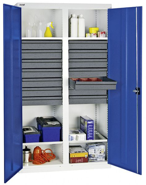 armoire à outils et matériel série 3000, 7035/5010, 14 tiroirs 100 mm, cloison centrale, 4 tablettes, 3004474