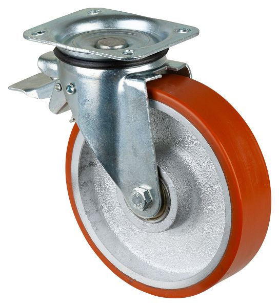 Roulettes BS Roulette robuste avec frein, largeur 40 mm, Ø200 mm, jusqu'à 450 kg, polyuréthane coulé 95 Shore A, corps de roue coulé, roulement à billes, N120.C10.201