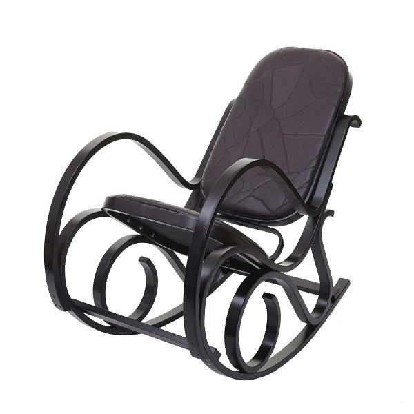 Chaise à bascule Mendler M41, chaise à bascule, chaise TV, bois massif, aspect noyer, cuir patchwork marron, 12261