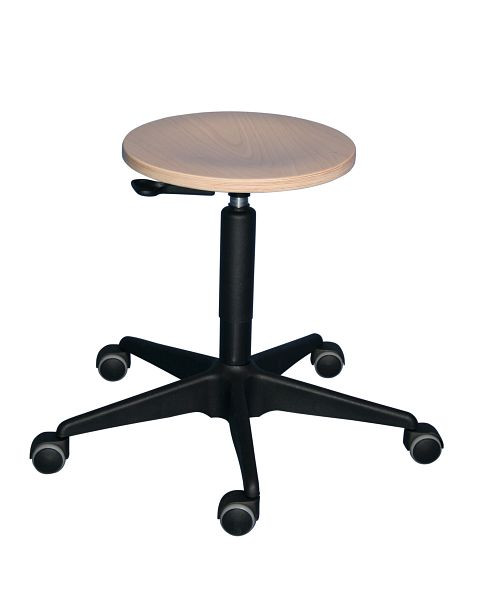 Tabouret de travail Lotz, siège en hêtre avec levier de déverrouillage, ressort à gaz de sécurité, base en acier, hauteur d'assise 410-540 mm, roulettes, 3521.12